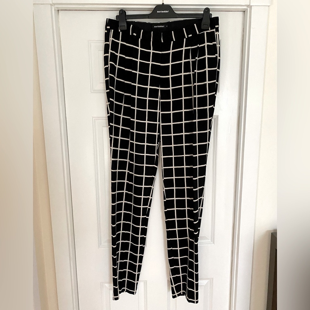 Marimekko Tailored Oversized Trousers | White Grid on Black| Generous Size 40